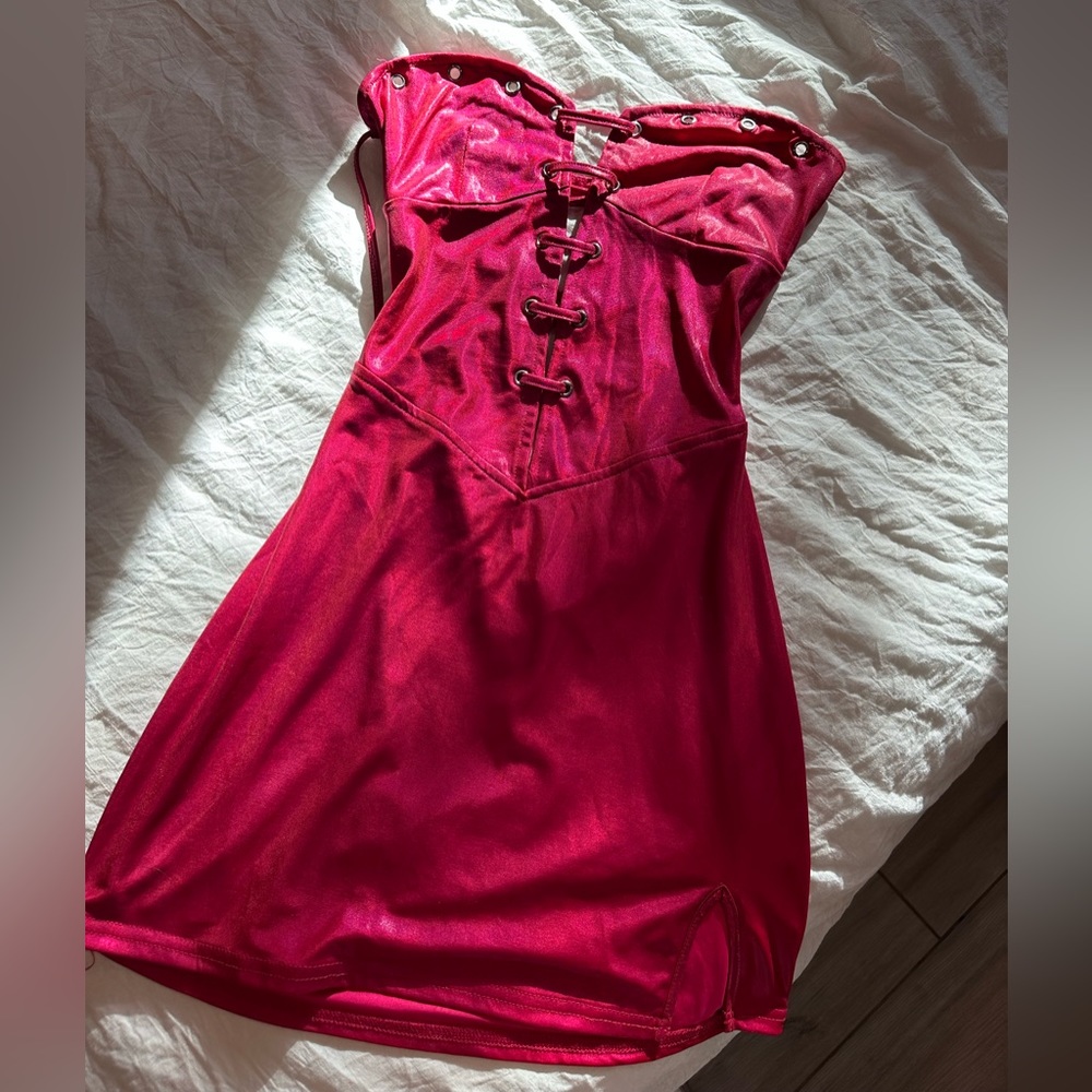 Pink Irridescent Mini Dress, Lace Up Back